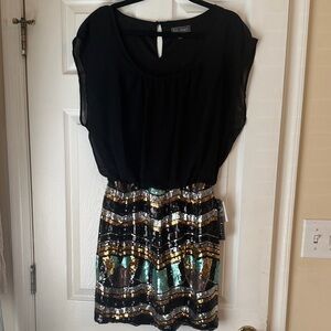 Luxology Black Mini Dress with Gold & Teal Sequin Skirt